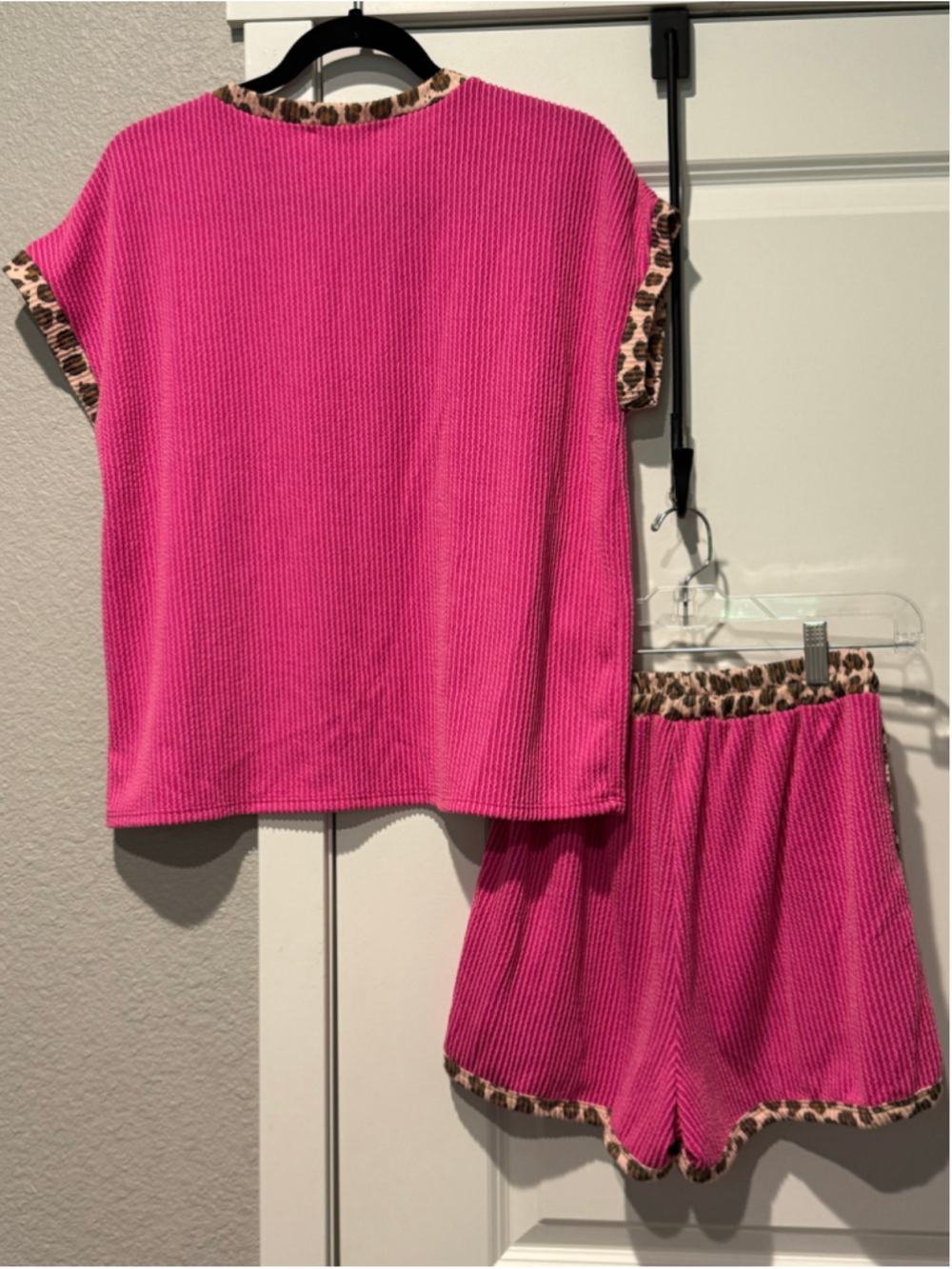 Women's Lovely Melody Pink Leopard Trim Ribbed Knit Lounge Set Size M